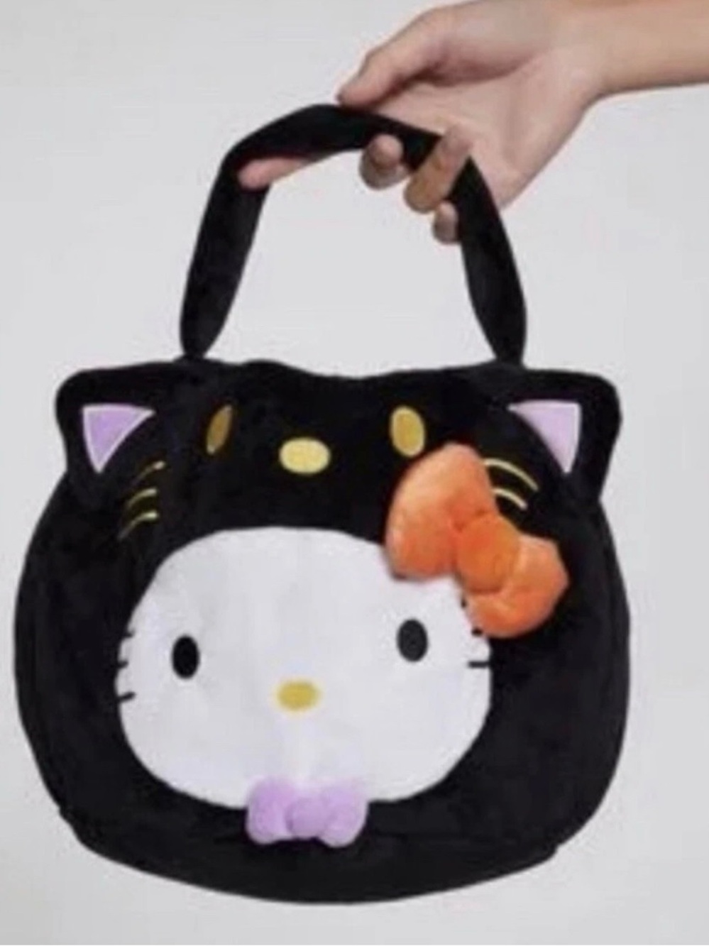 Hello Kitty Black Plush Mini Tote with Orange Bow and Lavender Accent - Picture 1 of 4